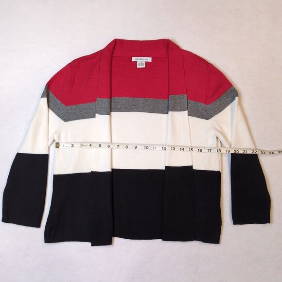 Liz Claiborne Womens M Color Block 3/4 Sleeve Open Cardigan Red White Black Gray - Picture 7 of 8